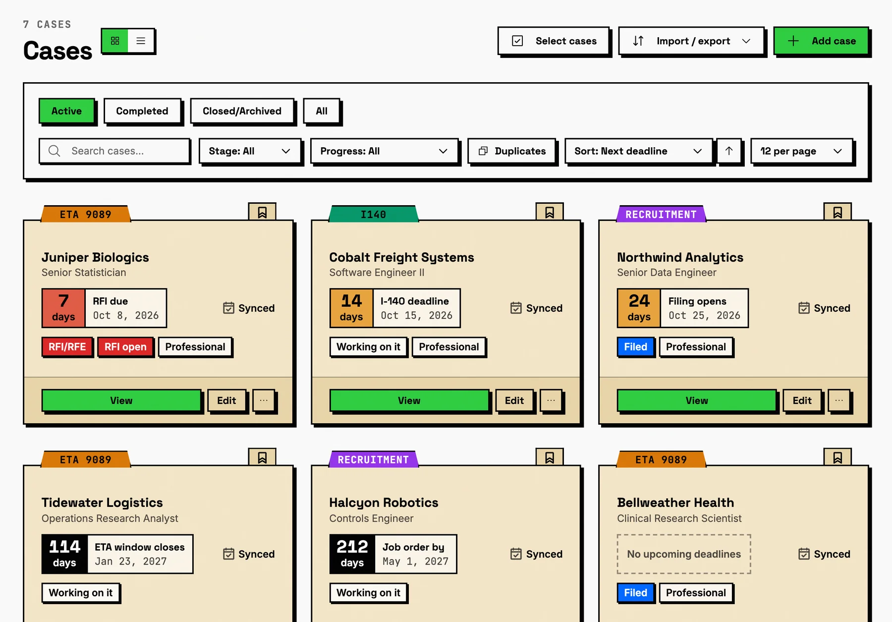 The cases page showing the sample cases as cards, each with its stage, its next deadline and the days left.