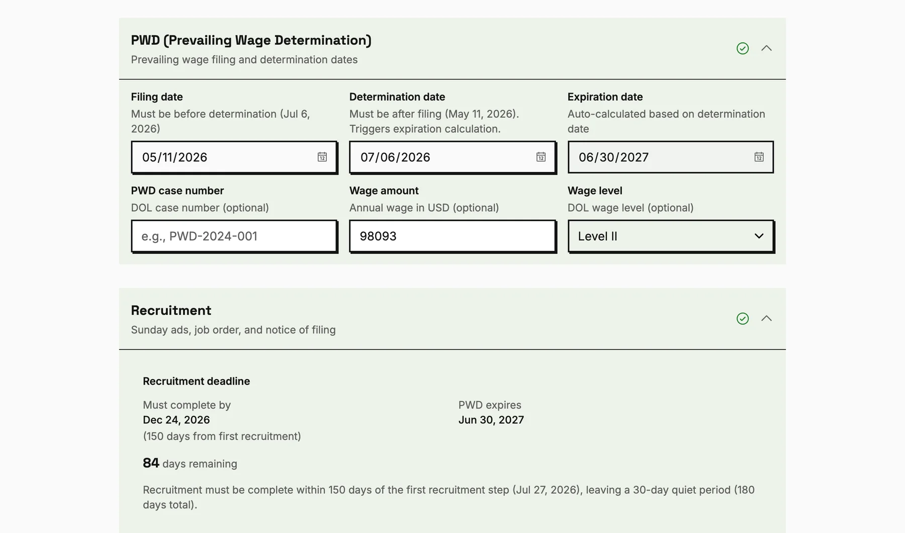 The case form for a sample case: the wage expiration worked out from the determination date, and the recruitment deadline with 84 days left.