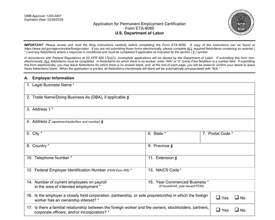 The first page of Form ETA-9089, Application for Permanent Employment Certification.