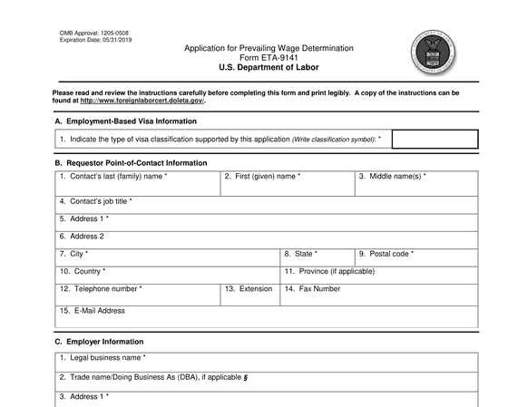 The first page of Form ETA-9141, Application for Prevailing Wage Determination.