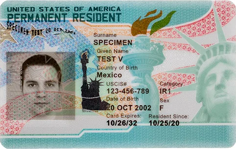 USCIS's specimen permanent resident card, marked SPECIMEN