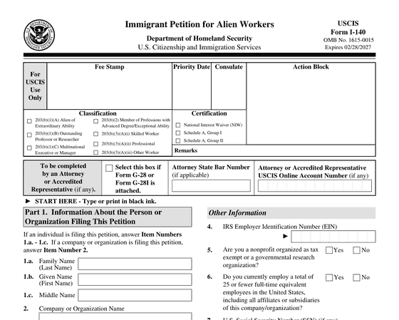 The first page of Form I-140, Immigrant Petition for Alien Workers