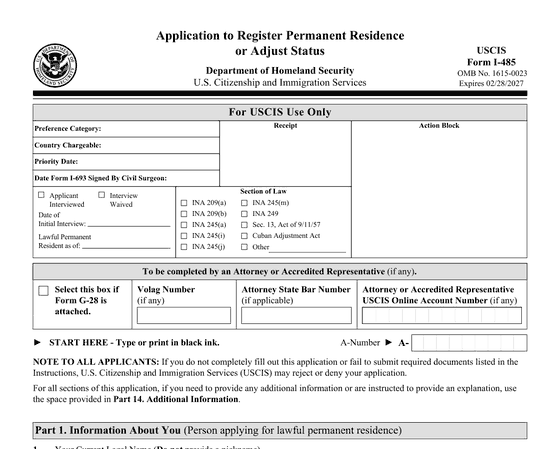 The first page of Form I-485, Application to Register Permanent Residence or Adjust Status.